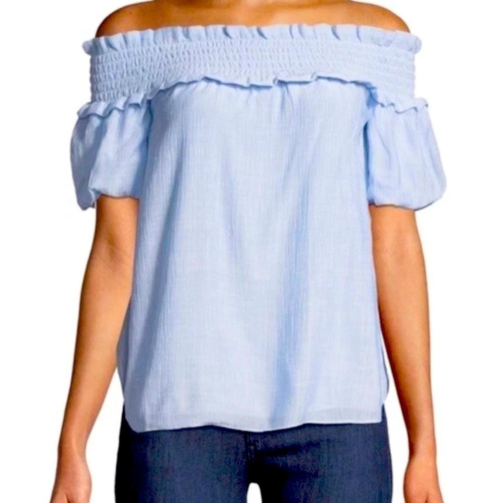 Club Monaco Torcasta Light blue Shirred Off the Shoulder Blouse Size 4 Feminine